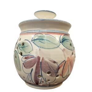 Julie Tosch Signed Studio Pottery Lidded Garlic Keeper Hand Painted Floral